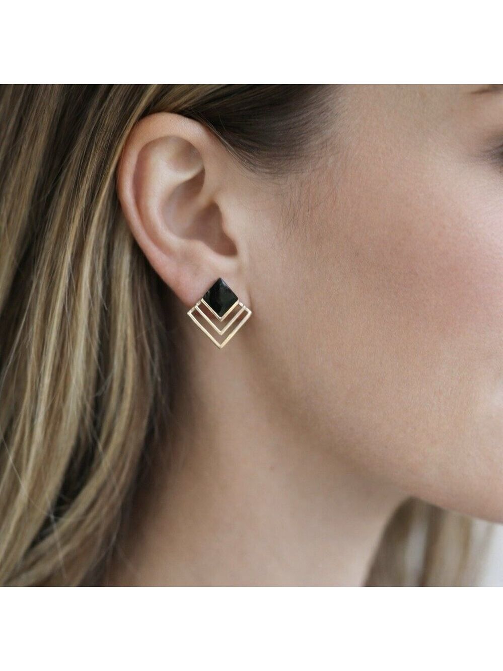 Vintage 925 Sterling Silver Black Agate Geometric 1” Post Earrings Modernist - Picture 2 of 7